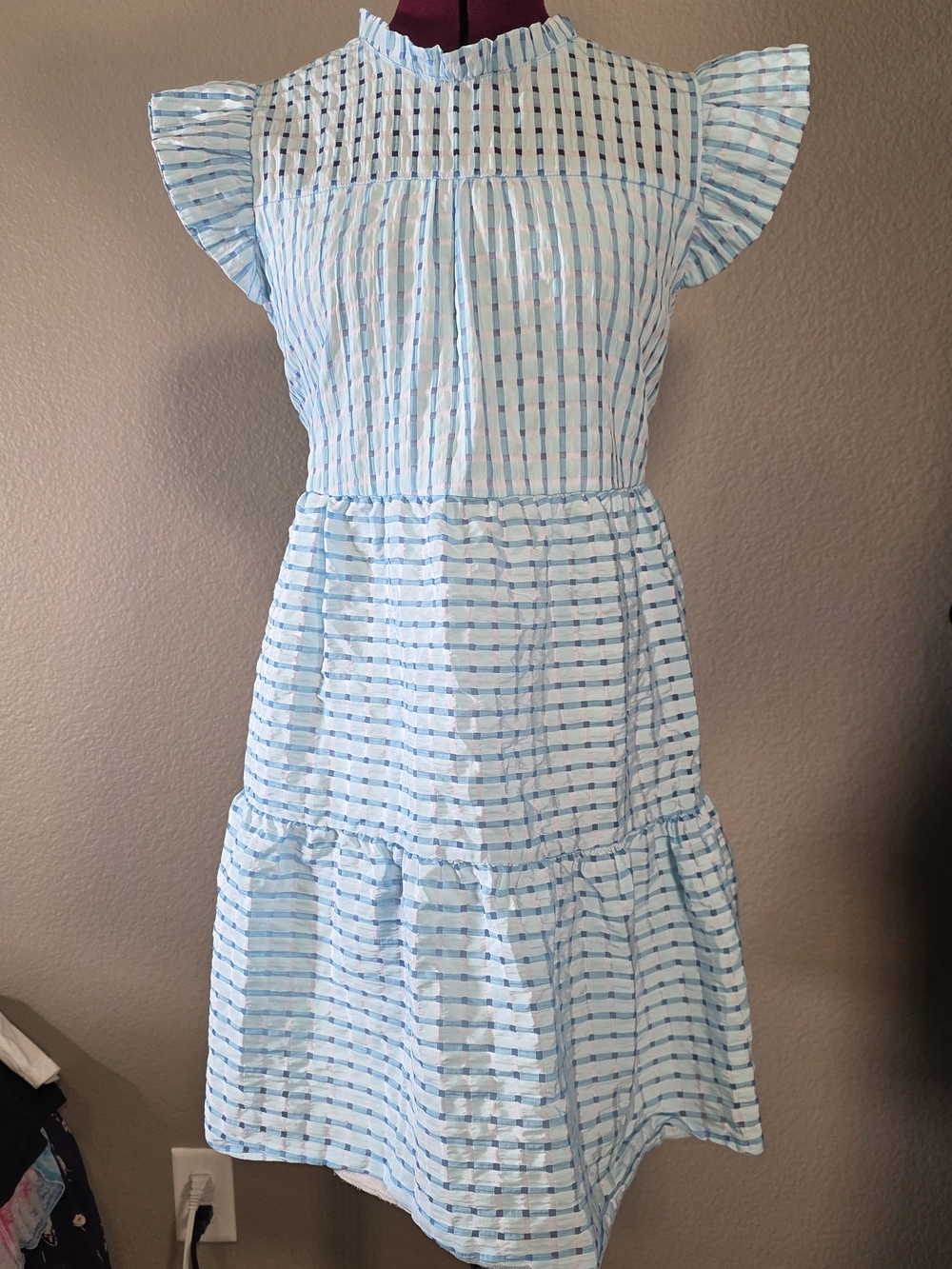 Niay Blue & White Check Ruffle Tiered Mini Dress Size L